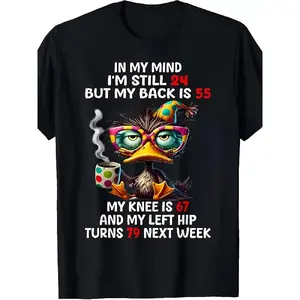 2026 Spring New Arrival Funny Duck Coffee Men's T-Shirt, In My Mind I'm Still 24 Humorous Graphic Tee, Soft Breathable Black Casual Top for Daily Wear