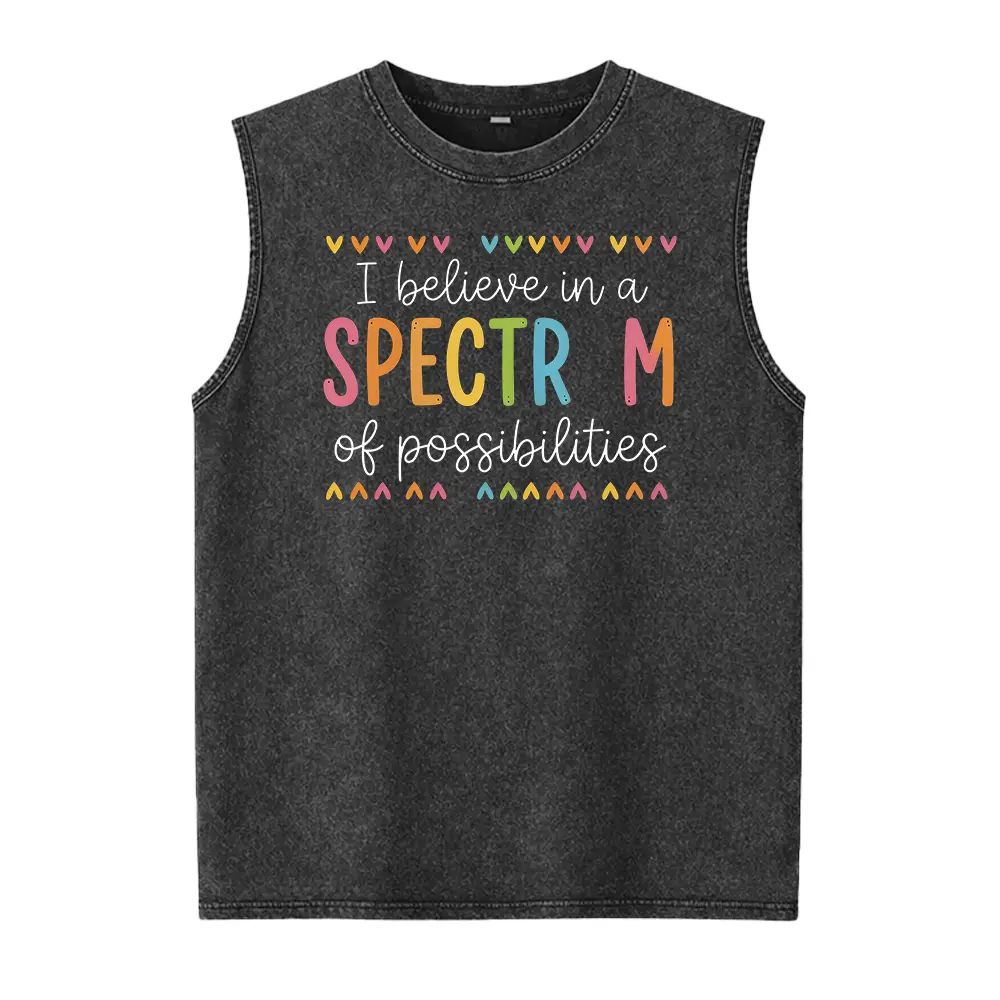 Men's Washed Cotton Oversized Vest - "I Believe In A Spectrum Of Possibilities" Graphic Print, Seamless Smooth Baggy Fabric, SPED Teacher Gift, Neurodiversity Support Menswear, Graphics, Loose, Plain, Casual, Round Neck, Funny Text Graphic Vests