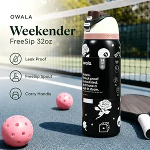 Owala Weekender 32oz Insulated Stainless Steel Vacuum Flask, Minimal White Rose Sketch Print, FreeSip Spout, Leakproof, Portable Wide-Mouth Drinkware with Carry Handle, Silicone Accents, Plastic-Free Sip Component for Pickleball Sports