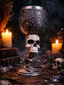 The Armored Kingdom Final Toast of Valor Skull Goblet Gothic Resin & Stainless Steel Drinkware with Scroll & Crown Keychain Medieval Legendary Style Stemless Wine Glass Tasting Glasses Tumblers Bottle Cup Mug Classic