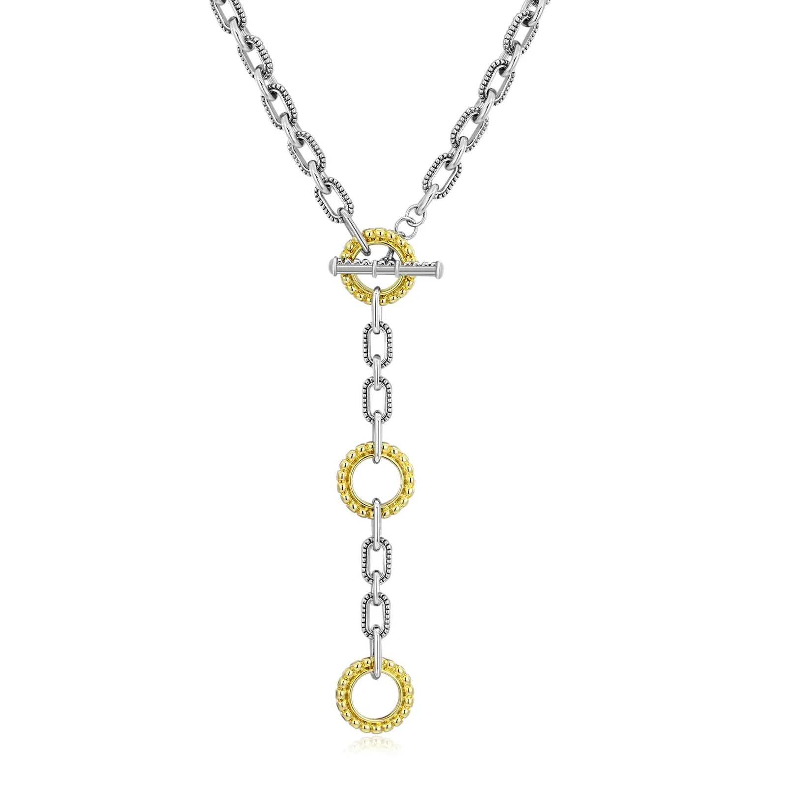 Mytys Two Tone Link Necklace with Long Triple Circle Pendants Bold Modern Statement for Women Jewelry Unique Bling Stylish Accessory