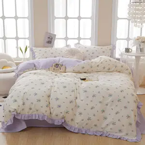 Ruffle Comforter Set Queen, Purple Flower Bedding Set,3 Pieces Coquette Cottagecore Lace Comforter with 2 Pillow Shams,Queen Size