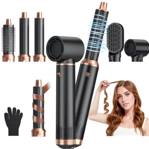 5-in-1 Bathroom Hair Styling Accessory Set - Detachable Multifunctional Air Wrap Heated Curler, Straightener Curler, Volumizing Straightening Brush, Negative Ion Home Travel Tool Kit for All Hair Types, Hair Straightener Curler