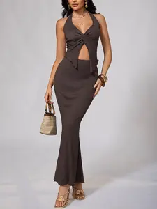 Women's 2 Piece Vacation Set Twist Front Halter Crop Top and Bodycon Maxi Skirt European Summer Holiday Outfit Resort Wear with Side Split