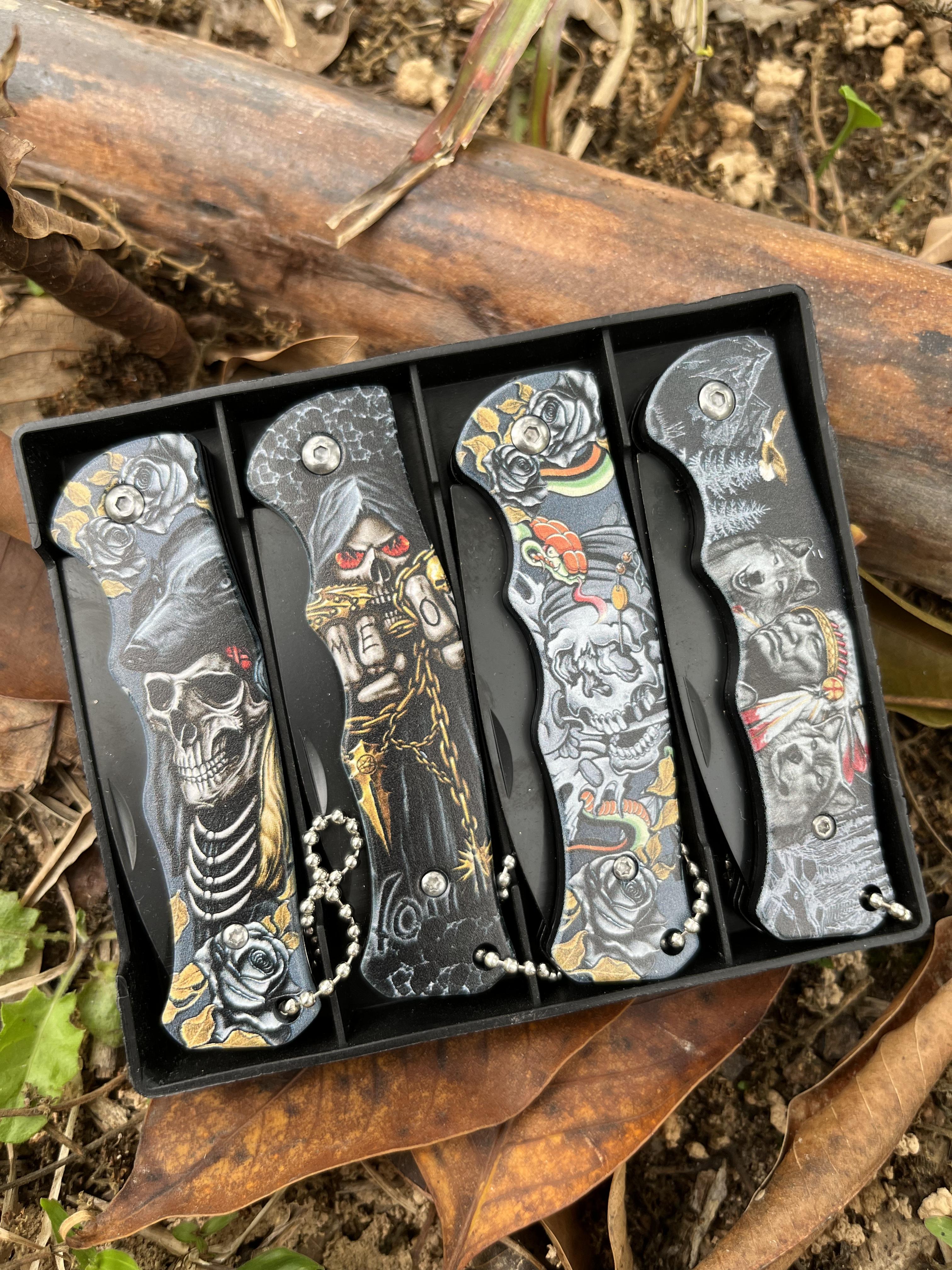 4PCS folding pocket knives, Mysterious skull design handle, for Outdoor Camping, Fishing, Hiking, Men's Gift