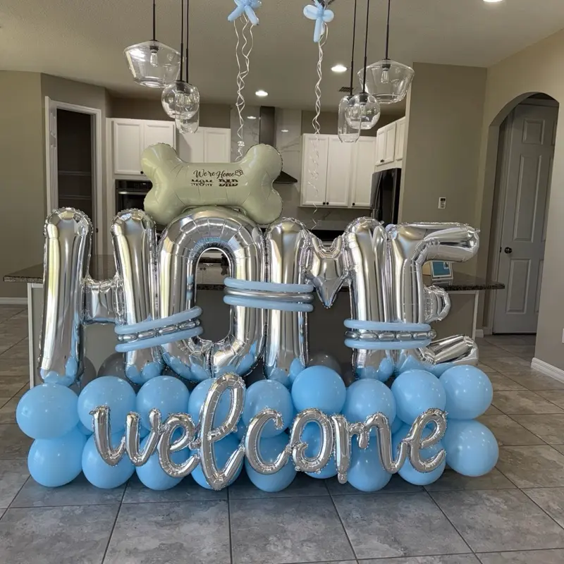 WELCOME Home Balloons Bouquet - Silver and Blue Balloon Arrangement for Home Decor and Celebrations