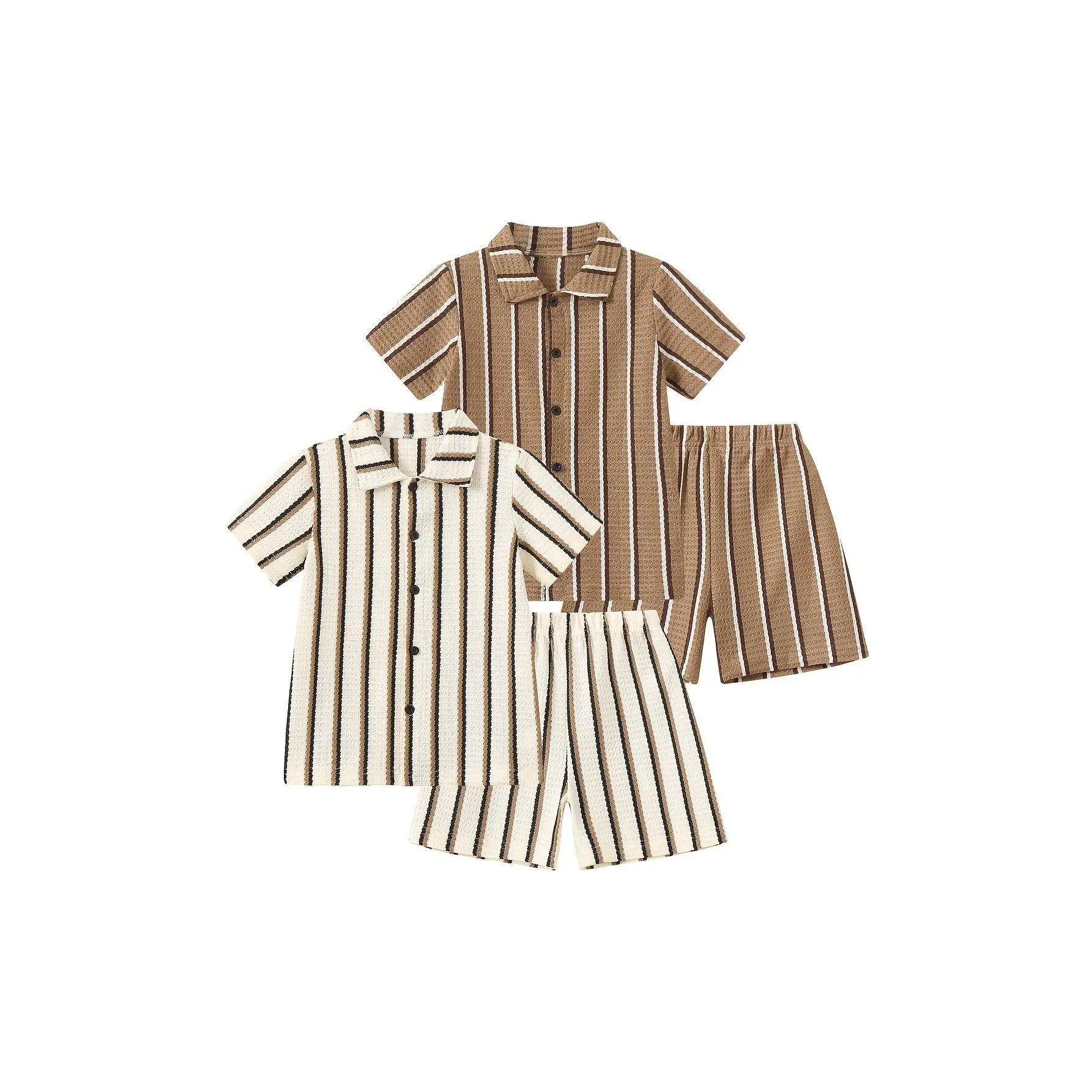 #SummerVibes 4-Piece Spring/Summer Set for Boys: Striped Collared Short-Sleeve Shirt and Shorts-Breathable, Comfortable, Casual, and Minimalist Summer Outdoor and Everyday Wear Outfit Sets Combination Set