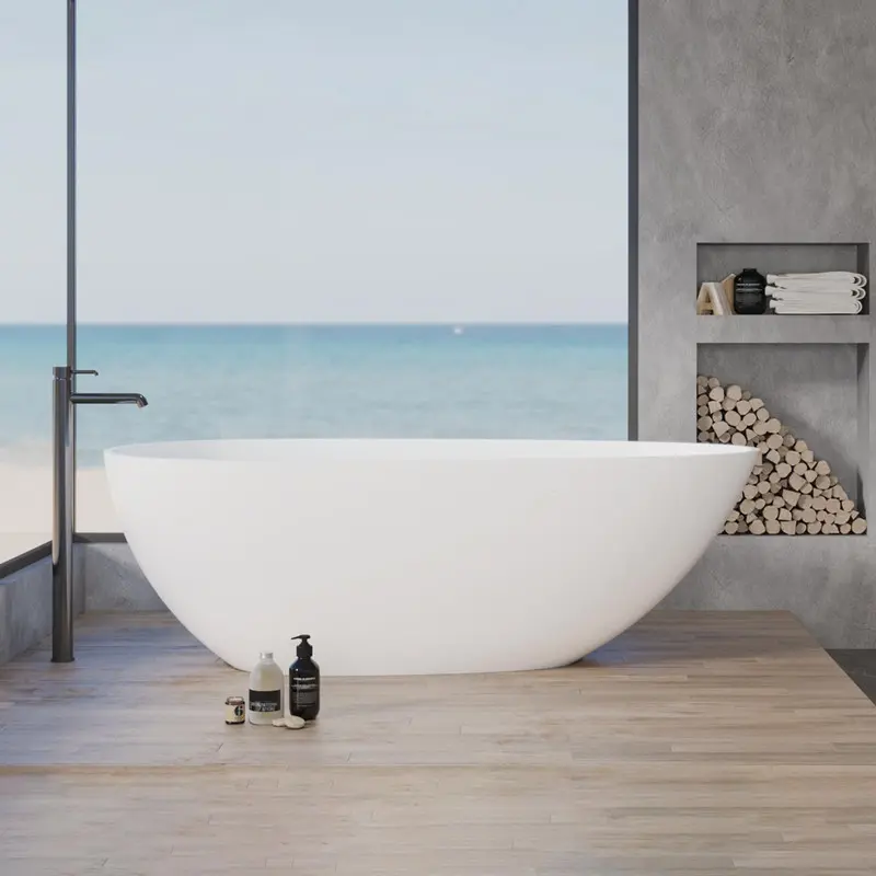 67-in Matte White Solid Surface Freestanding Soaking Tub, Contemporary Oval Eggshell Stone Resin Tub with Integrated Pop-Up Drain, Overflow, Drain Connections, CUPC Certification, High Repairability, Long-Lasting Durability