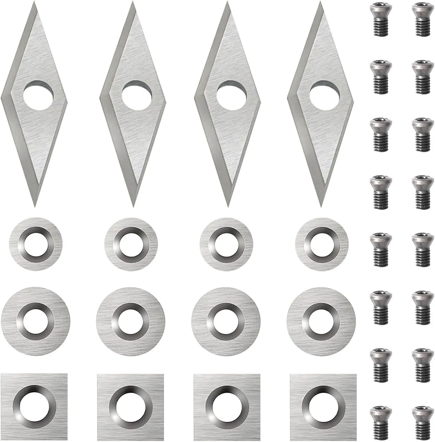 32pcs Carbide Lathe Tungsten Cutters Inserts Set for Wood Lathe Turning, Includes 11mm Square Radius, 12mm 8.9mm Round, 30x10mm Diamond Inserts and Screws