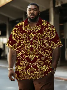 Men's Wine Gold Vertical Stripe Baroque Shirt, Vintage Colorblock Plus Size, Summer Breathable Casual Daily Wear