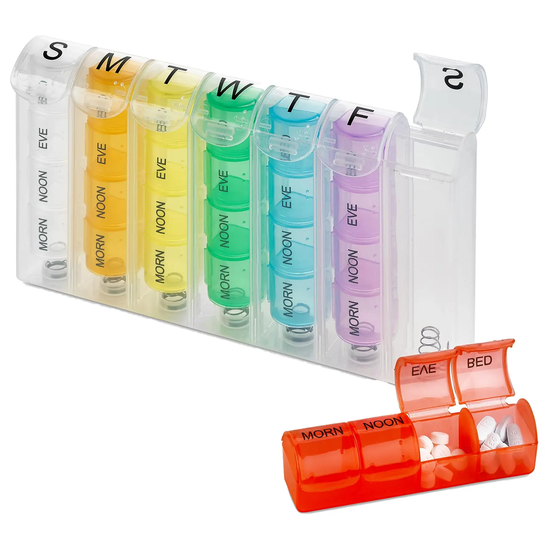 Portable Weekly Pill Organizer for Adults - 4 Times-a-Day Supplement Organizer, Bright Polypropylene Medication Reminder with Easy-to-Read AM/PM Compartments (Monday-Sunday) for Travel & Purse Healthcare Aid