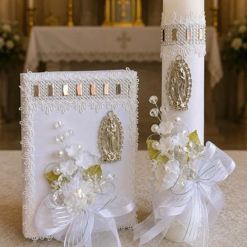 Elegant Unique 5pcs Traditional Christian Baby Baptism Set for Boys/Girls Ready - 8in Candle, Rosary, New Testament Gift, Decorations, Boxed for Gifting (English & Spanish, White), Ceremony