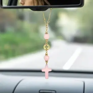 Cross Crystal Hanging Car Ornament, Cute Healing Stone Car Decor, Bohemian Handmade Sun Catcher for Rearview Mirror, Rose Quartz Jewelry