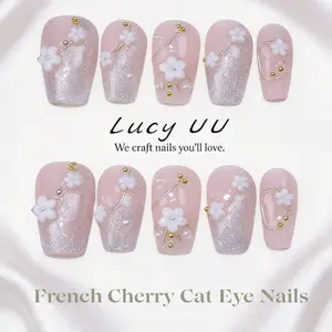 【Lucy UU】Gentle White Collection 3D Floral Bow Butterfly Nude Pink Nails Romantic Pink Rose Press On Nails
