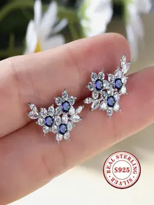 S925 Sterling Silver Created Blue Sapphire & White Cubic Zirconia Flower Cluster Stud Earrings for Women, Hypoallergenic Elegant Jewelry for Wedding Party Daily Wear