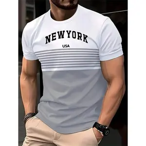 Summer Casual New York USA Text 3D Print Men's Striped T-Shirt Outdoor Sportswear Oversized Fitness Top Short Sleeve T-Shirt for Men