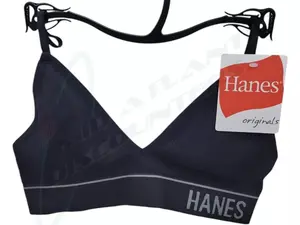 b'Hanes Originals Ribbed Seamless Triangle Bralette Unlined Wireless Bra, Black'