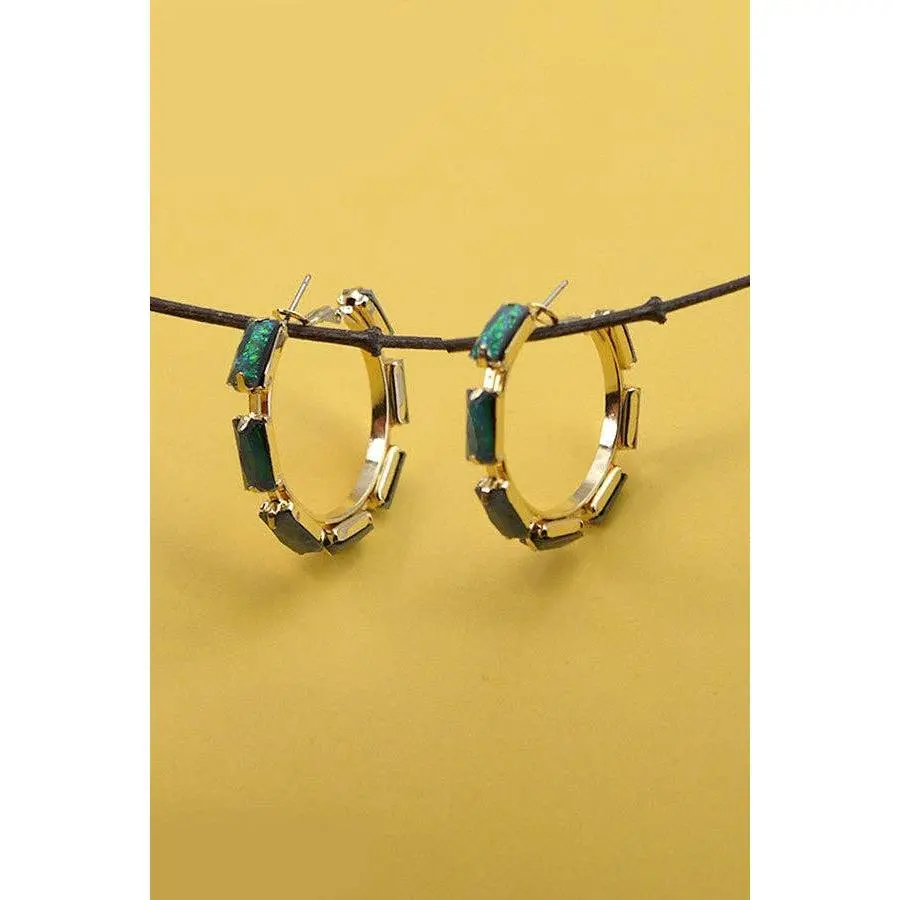 Crystal Opal Green Rectangle Hoop Earrings
