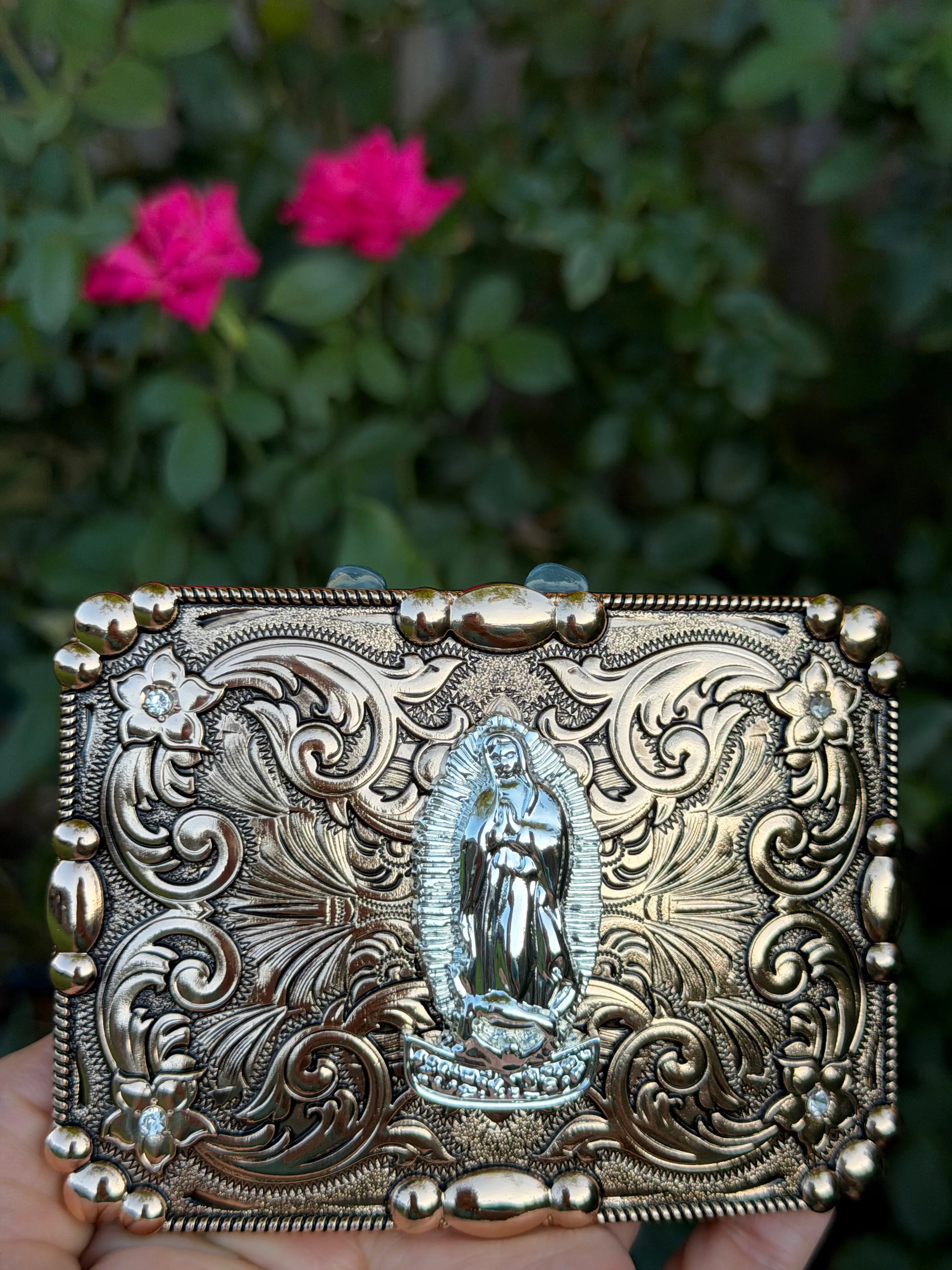 Western Belt Buckle - Vintage Engraved Western Virgin Mary Buckle with Rhinestone Accents, Standard Fit for Cowboy Aesthetic, Urban Cowboy, Concerts
