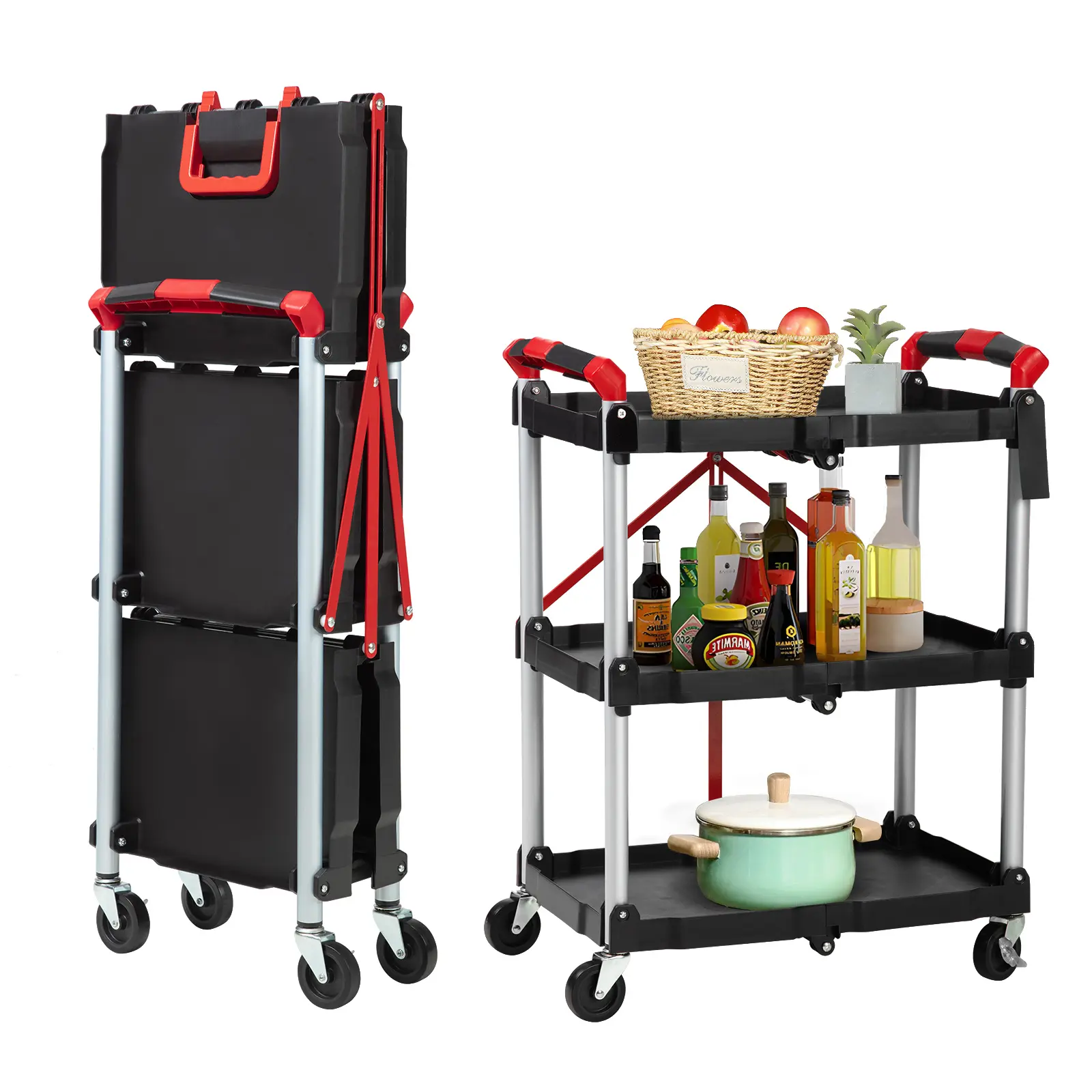Heavy-Duty 3-Tier Aluminium Collapsible Rolling Utility Cart with Shelf, Racks, Lightweight Design, Lockable 360° Swivel Rubber Wheels, 165 lbs Capacity, Portable Commercial/Office Furniture Organizer, Foldable