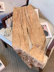 Elegant Women's Floral Jacquard Wide Leg Pants, Drawstring Waist Satin Casual Trousers, Commuter/lazy/beach/pose/sophisticated Style