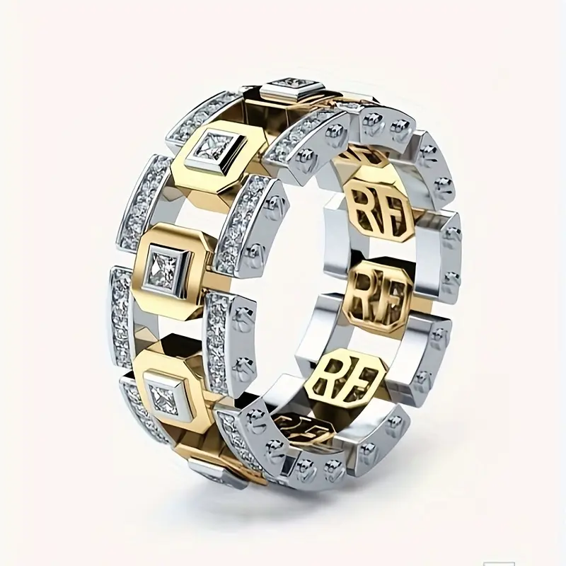 Fashion Ste Two-Tone Alloy Ring, Inlaid with Synthetic Cubic Zirconia, Creative Engagement Ring, Fashion Birthday Gift for Men and Women Maximalist Jewelry