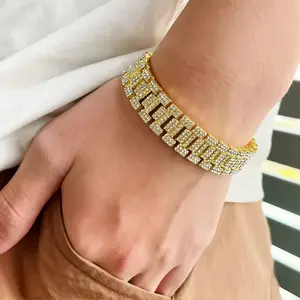 Unisex Luxury Mens Iced Out Bracelet Bangle Hip Hop Gold Plated CZ Diamond Cuban Link Bracelet Sparkling Rhinestones Gold-Tone Finish Gift Ready Gift Jewelry
