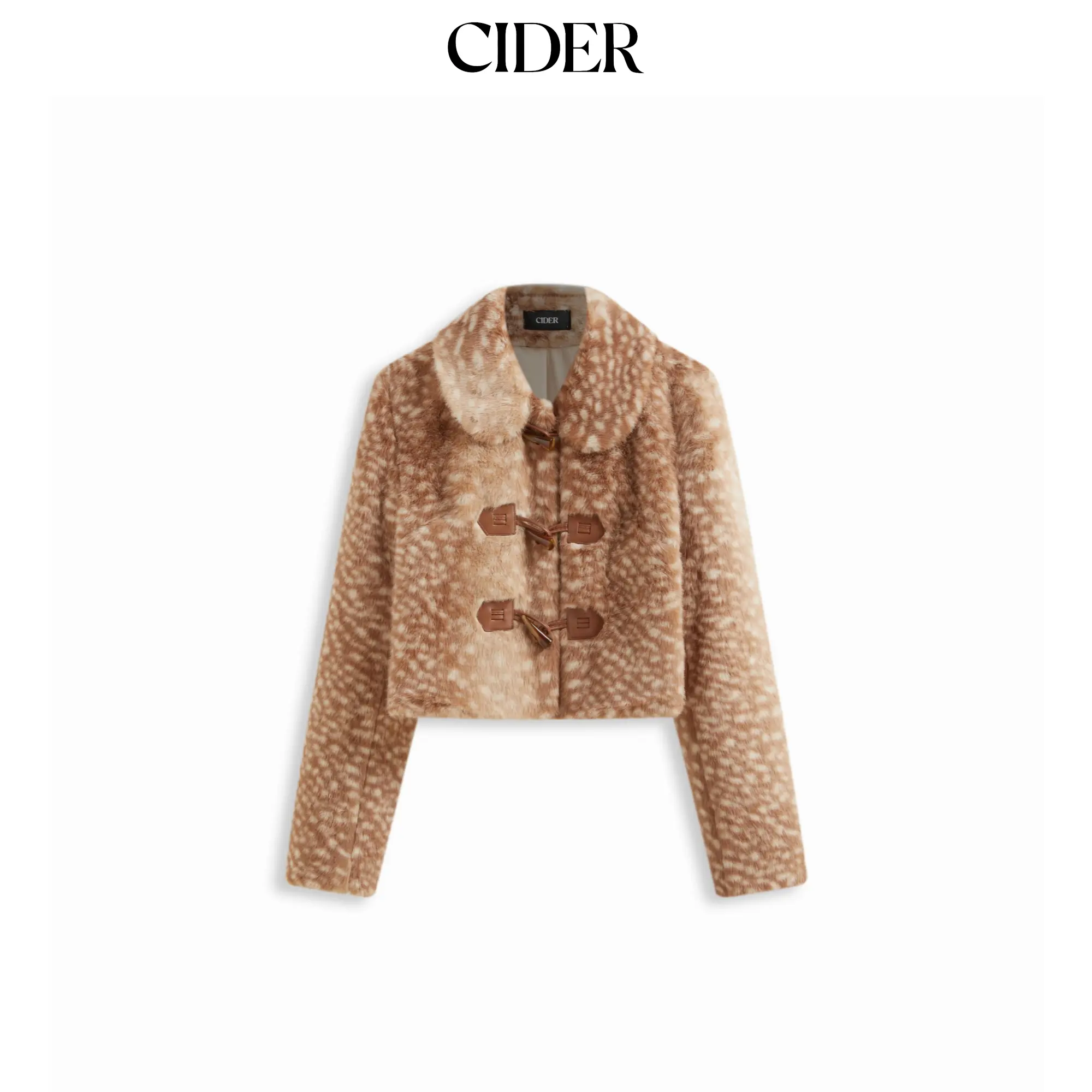 Cider Women's Deer Print Faux Fur Collar Toggle Button Crop Coat, Collared Look Outerwear for Women's Tops