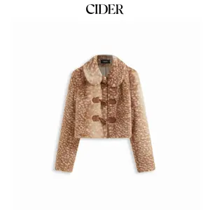 Cider Deer Print Faux Fur Collar Toggle Button Crop Jacket