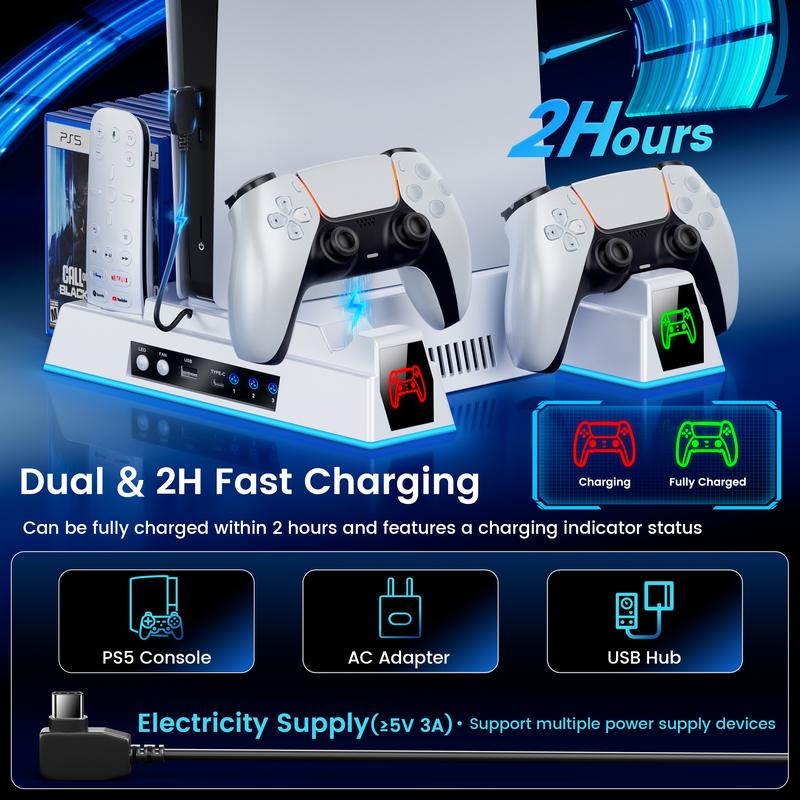 ESYWEN PS5 Pro/Slim/PS5 Stand and Cooling Station with Controller Charging Dock for Playstation 5 Disc Digital, PS5 Accessories Kit Incl. 3 Levels 2.36in Cooling Fan, 11 Game Slot, USB, LED, Headset Holder
