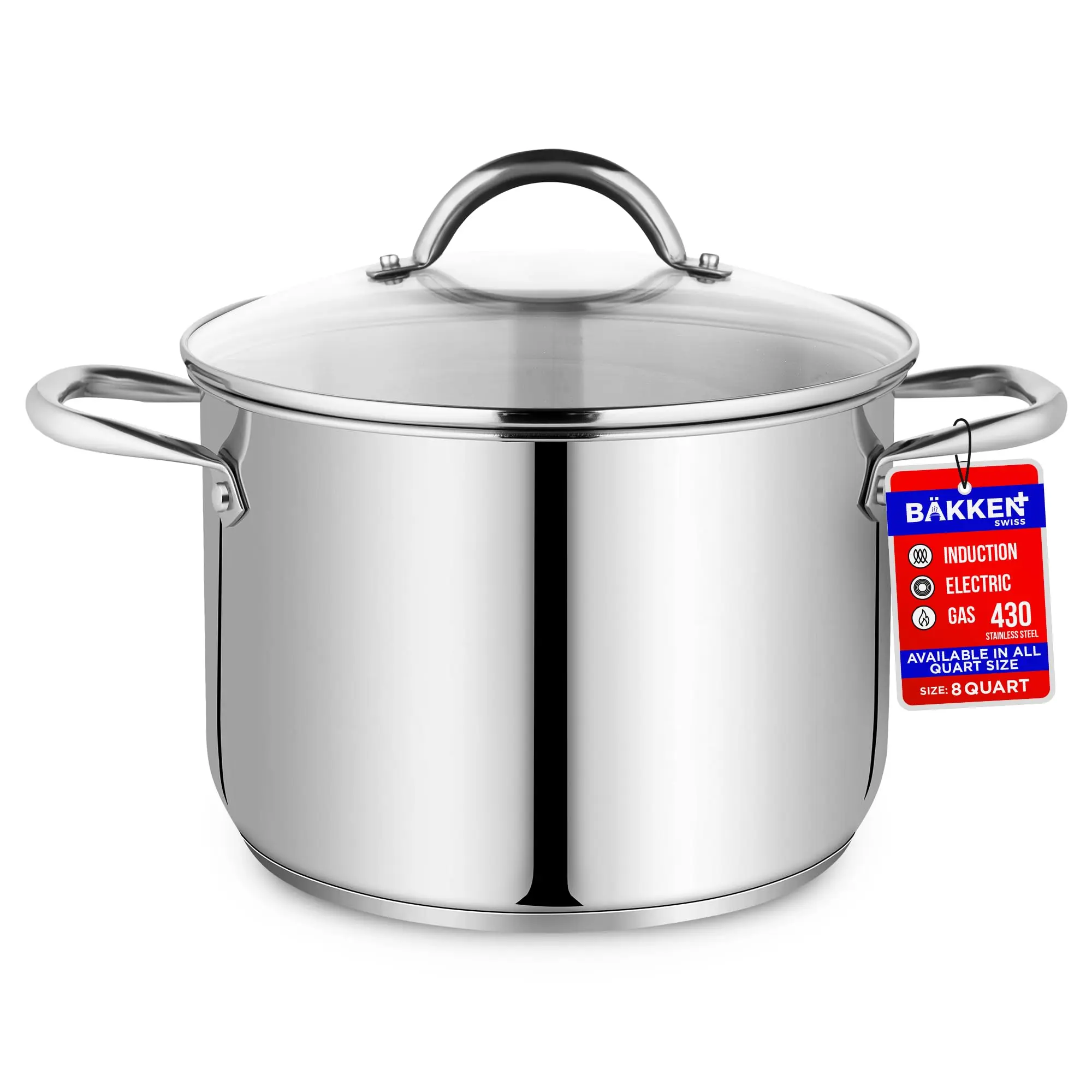 18-Piece Nonstick Carbon Baking Cookware Set, 8-Qt Stainless Steel Stockpot with Tempered Glass Lid, 18/0 Stainless Steel Construction, Impact-Bonded Base, Riveted Handles, Oven & All Stove Compatible (Safe Up To 500°F/260°C), Silicone
