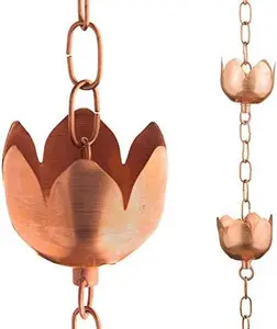Marrgon Copper Rain Chain – Decorative chimes and cups replace downspouts, divert water, and create a fountain. 3’ long, universal fit, flower style.