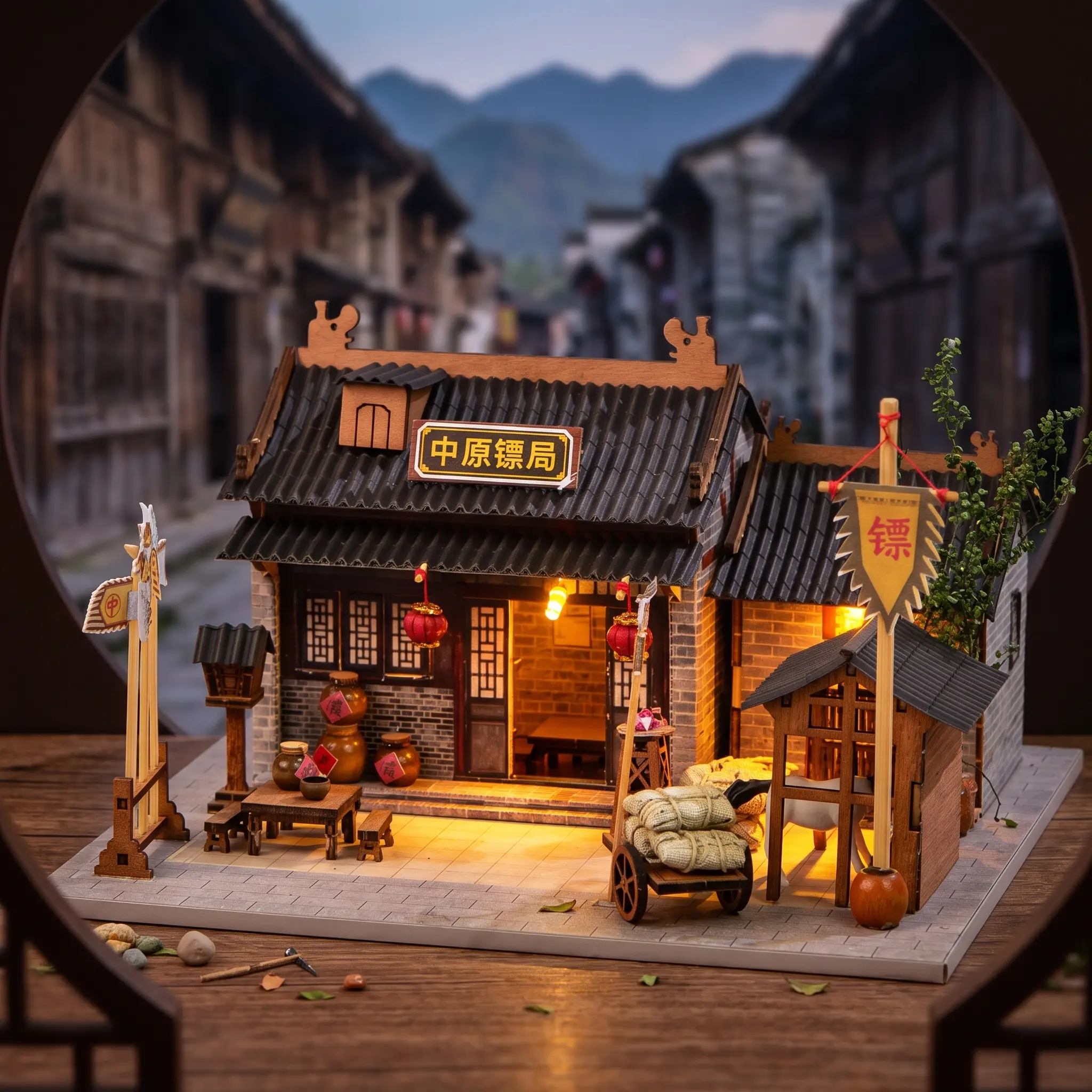 DIY Chinese-Style Miniature Wooden Dollhouse Shop Kit with LED Lights, Assembly Craft for DIY Enthusiasts & Hobbyists, Desktop Home Decor Collectible Gift