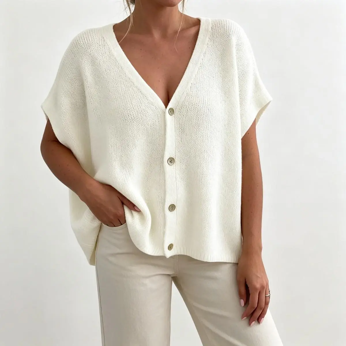 Women's Short Sleeve Cardigan, Casual Loose-fit V Neck Sweater, Lightweight Knit Top with Button Front for Summer, V Neck Shirt, Hand Wash, Acrylic Mix, Medium Length Batwing Beach, Style, Oversized, Knitwear, Shortsleeve, Piece, Comfortable, Nylon