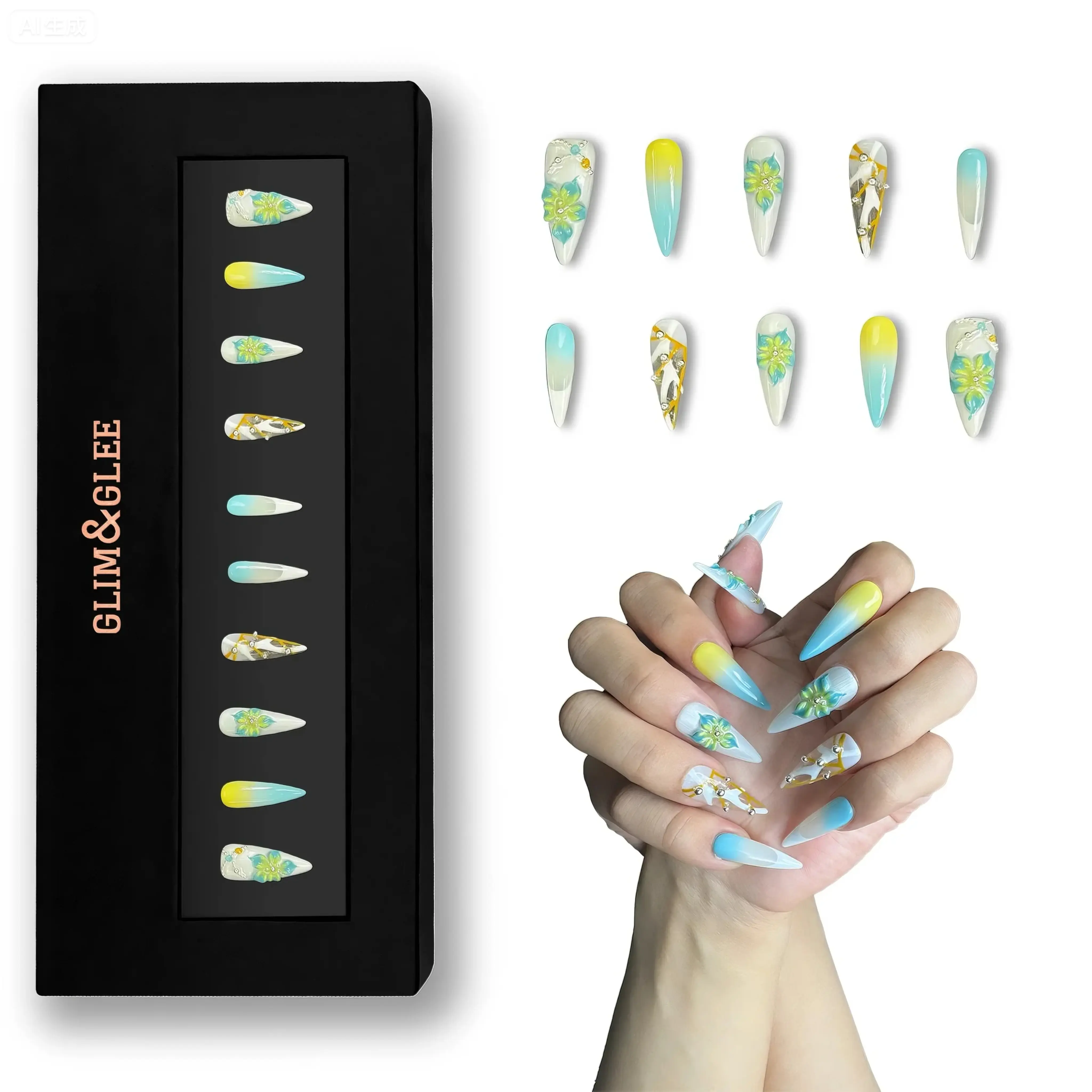 GLIM&GLEE Press-On Nails, Reusable Long Coffin Set with 3D Floral Gradient & Rhinestones, Anti-wrinkle Acrylic DIY Nails for Women