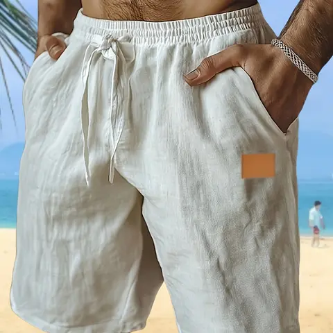 Summer cotton light beach shorts, cotton thin, rope design, elastic belt, solid color style, good air permeability, with pockets, suitable for daily beach and seaside wear, casual shorts, men's men's solid color