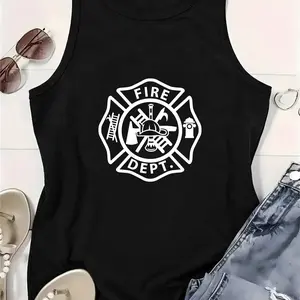 Women's Fire Dept Maltese Cross Sleeveless Casual Tank Top - Lightweight Denim-Infused Rayon Polyester Spandex Blend Fabric, Comfortable Breathable Everyday Fit Firefighter Graphic Top for Firefighter Wives