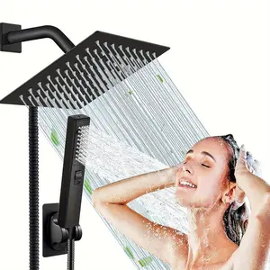 6/8"High Pressure Square RainShower Head and 2-in-1 HandShower.Equipped with 78"Hose, 3Way Diverter Valve,Adhesive ShowerHead Holder