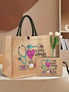 Nurse Theme Handbag And Cosmetic Bag Set, Casual Style, Fabric Structure, Fixed Shoulder Strap, Stethoscope, Heart, Syringe, Thermometer Pattern Print, "She Enjoys Working With Her Hands" Handbag Purse, Casual Shopping Bag