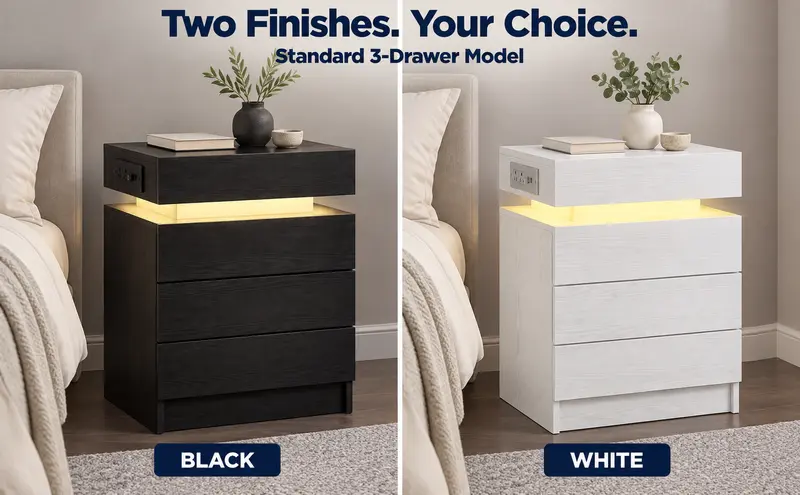 LIKIMIO Nightstand with Charging Station & LED Lights, Modern Bedside Table with 2- or 3-Drawer Options, Sliding Top, Standard Top or Lockable Top Drawer, End Table for Bedroom & Small Spaces Nightstand With Drawers