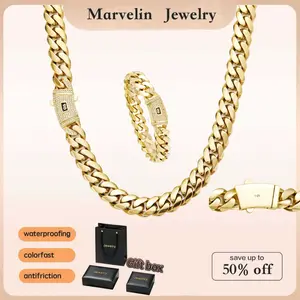 Marvelin Jewelry Set 2pcs  14K gold-plated Cuban necklace and bracelet, new anti-rust technology, comfortable to wear and non-allergic. 6/8/10/12/14 can be selected. Suitable for leisure, business, entertainment and any other occasionsValtentine's Day gif