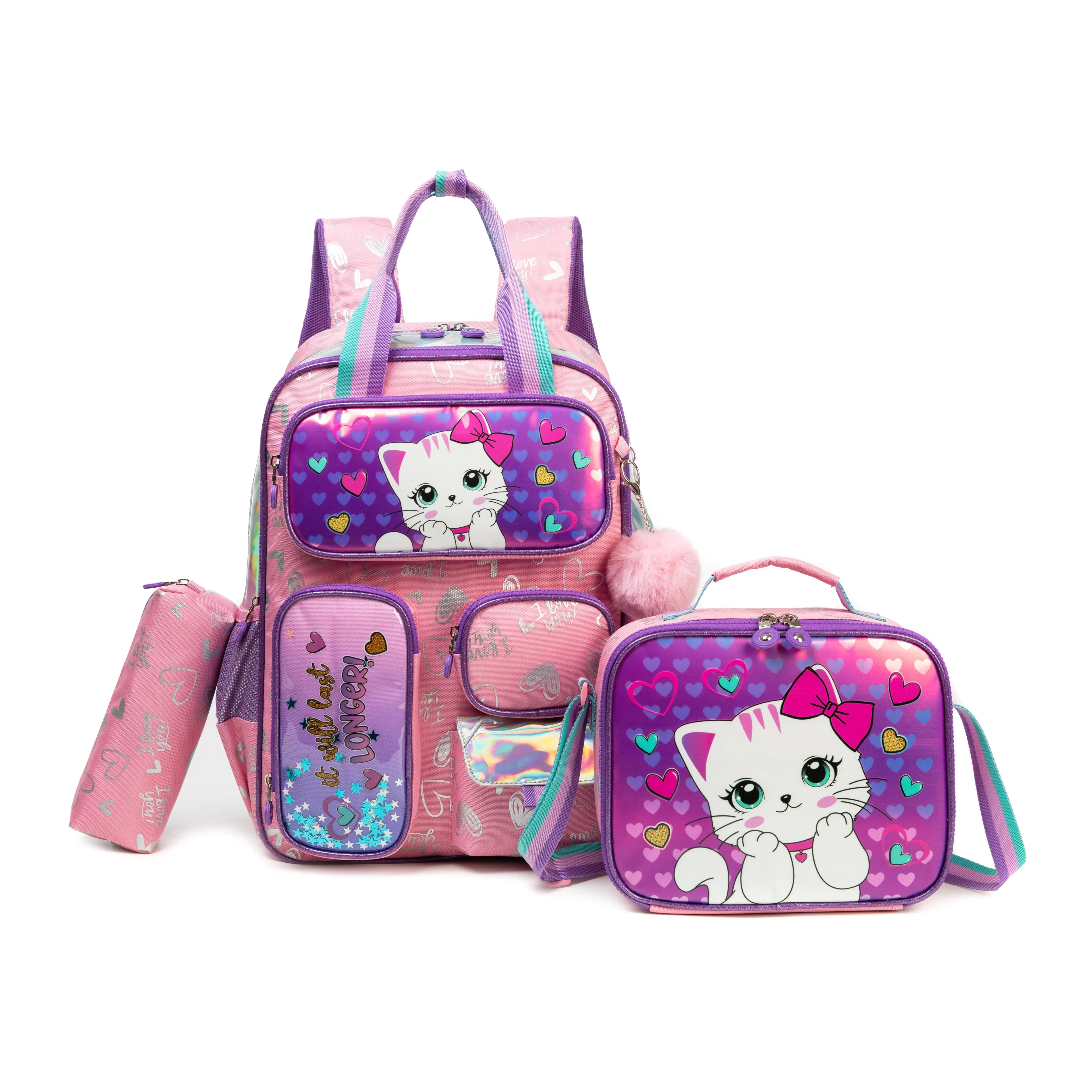Girls' Kawaii Backpack Set, 3-Piece Graphic Kitty Print PU Leather Bag with Lunch Box, Zip Pencil Case & Liquid Glitter Pocket for Back to School, Cute Backpack, Back To School Haul, Chic, Synthetic, Waterproof, School Trip