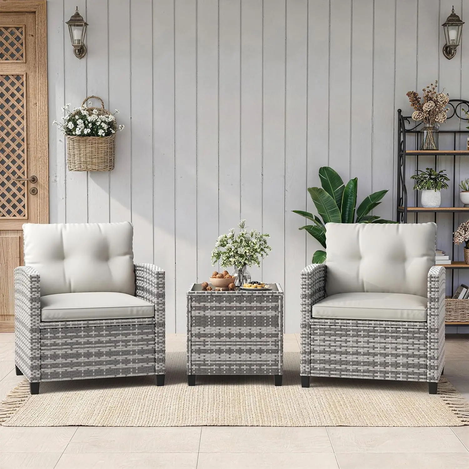 3 Pieces Patio Furniture Set, PE Rattan Patio Conversation Set with Tempered Glass Tabletop, Outdoor Wicker Chairs and Table Set for Patio Balcony Garden, Grey and Beige