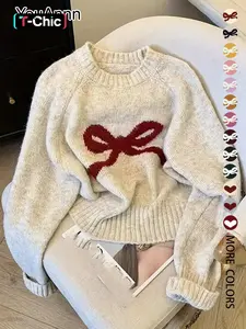 Women's Butterfly Knot Round Neck Sweater, Fall & Winter Thick Knit Top, Sweet Casual Style Loose Fit, Elegant Cardigan for Valentine's Day, Womenswear, Knitwear