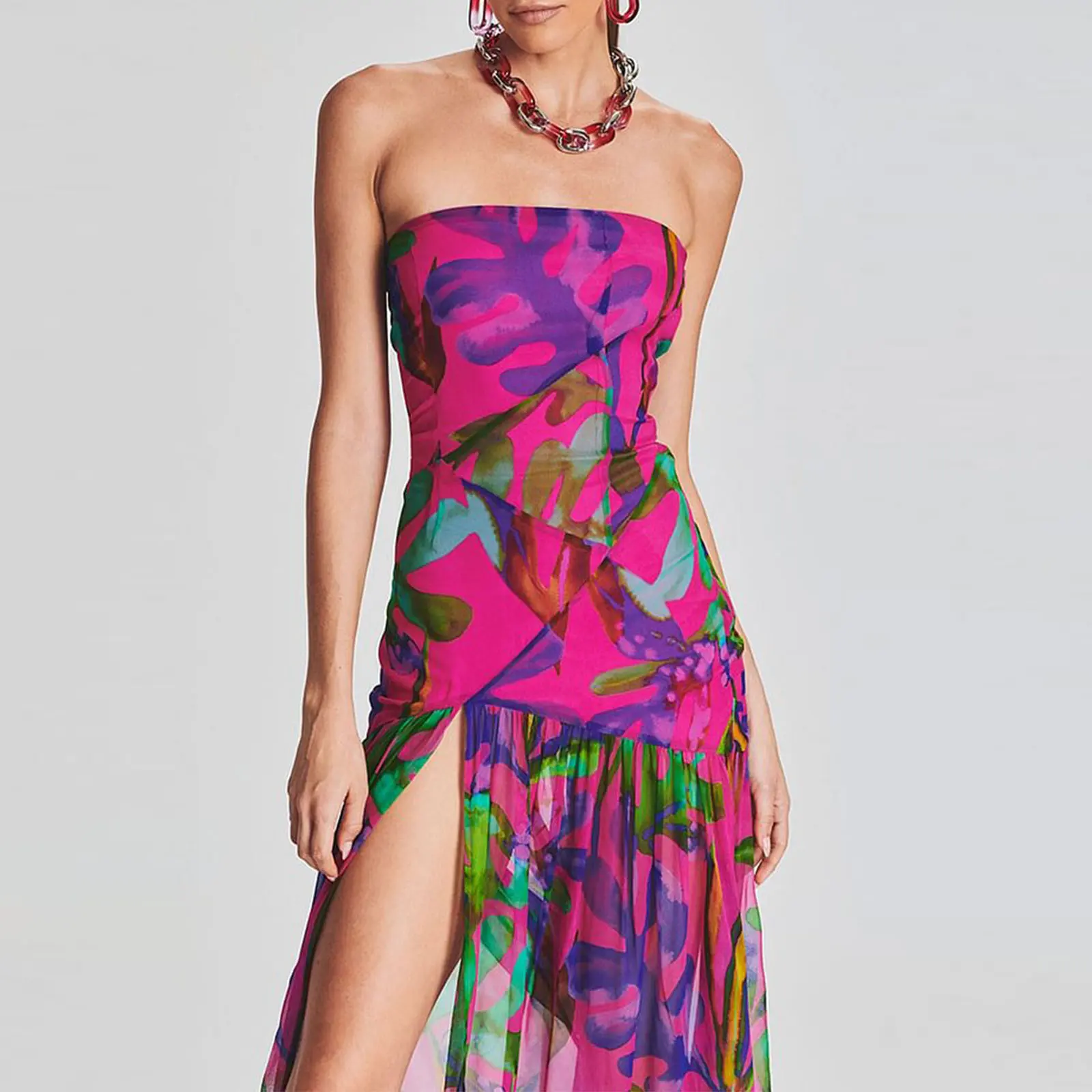 Women's 2026 New Polyester Strapless Backless Leopard Print Mesh Tube Dress - Sleeveless, Slim, Patchwork, Tropical, High Slit Party Clubwear