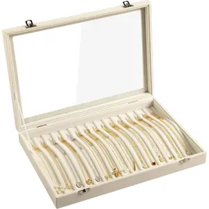 15 Hooks Necklace Tray Velvet Necklace Organizer with Clear Lid Lockable Necklace Holder Box Jewelry Organizer for Pendants Chains Necklace Jewelry Tray for Women Girls(Beige)
