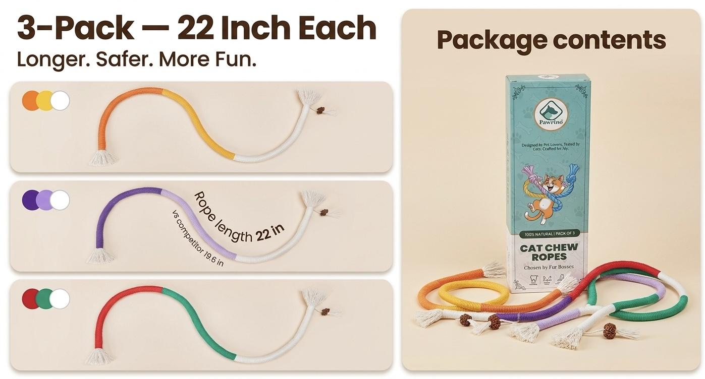 Pawrino Cat Chew Ropes 3 Pack – 22 Inch 100 Percent Cotton Teeth Cleaning Toy for Indoor Cats, Safe Non-Toxic Dental Chew, Calming Interactive Kitten Toy Pawrino Cat Chew Ropes 3 Pack – 22 Inch 100 Percent Cotton Teeth Cleaning Toy for Indoor Cats, Safe Non-Toxic Dental Chew, Calming Interactive Kitten Toy