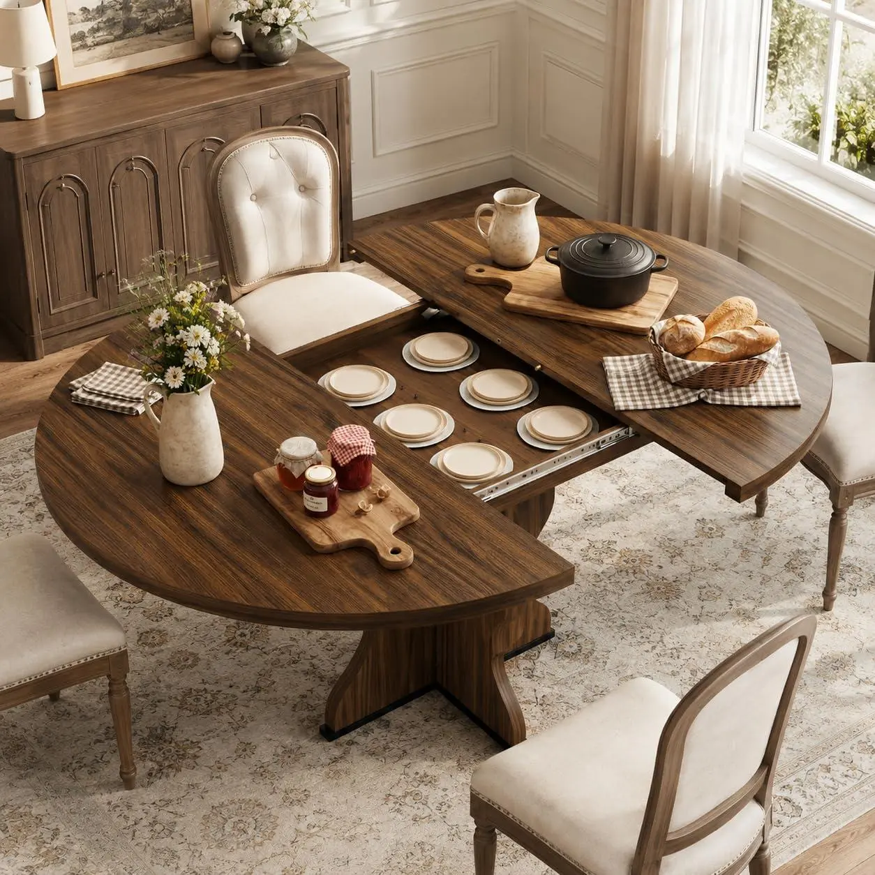 Gaomon Retro Walnut Extendable Dining Table (47-63in) - 4-8 Seats Farmhouse Round/Oval Wooden Table with Wavy Legs, Sturdy Thick Pedestal Base, Space-Saving for Kitchen, Apartment