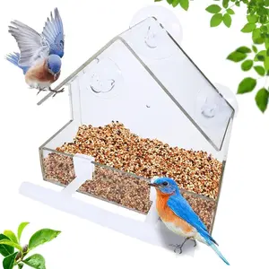 Acrylic Window Bird Feeder with Suction Cups Drain Holes 2 Rods Small Outdoor Wild Bird House