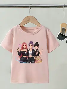 K-Pop Summer Round Neck Short Sleeve T-Shirt, Graphic Tee, Cartoon Idol Girl Group Print Top, Girls' Trendy Korean Casual Half Sleeve
